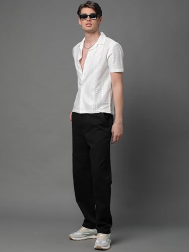 Image of Voroxy Poly Cotton Casual Loose Fit Shirts for Men with Stylish Structural Pattern Office & Formal Shirt with Branded Cuban Collar Style Half Sleeves Comfortable Wear