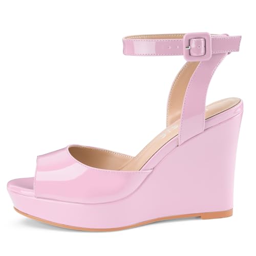 Image of Women's Dressy Platform Wedge Sandals Gold Wedges Peep Toe Patent High Heels Slingback Heeled Comfortable Ankle Strap Shoes