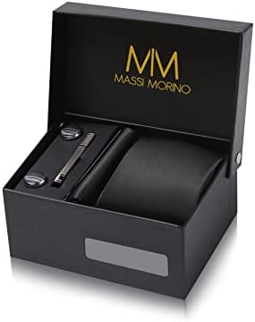 Massi Morino Tie and Pocket Square Set for Men incl. Cufflinks, Tie Clip and Gift Box | Men’s Tie Set for Weddings