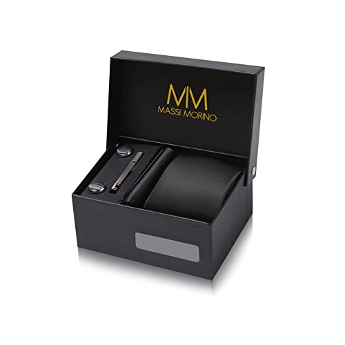 Massi Morino Krawatte Schwarz mit Einstecktuch Set Herren inkl. Manschettenknöpfe, Krawattennadel und Geschenkbox - Männer Krawattenset