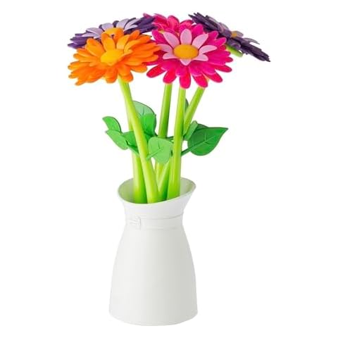 Vigar Flower Pens with Vase Holder, 5 Pen Set of Colorful Floral Pens, Blue Ink, Decorative Pens, Pens for School, Office Supplies and Cute Stationary Cover
