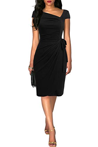 Image of Women's Vintage Cap Sleeves Asymmetrical Neckline Sheath Bodycon Casual Work Cocktail Party Pencil Faux Wrap Dresses