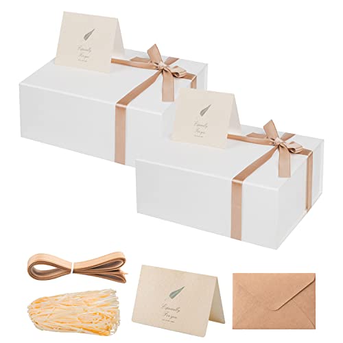 Image of LIFELUM White Gift Boxes 2 Pack 13.85 x 8.35 x 4.45 Large Gift Boxes with Magnetic Lid Wedding Box for Presents Contains Card, Ribbon, Shredded Paper Filler Box for Gift
