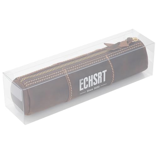 Image of ECHSRT Genuine Leather Pencil Pouch for Adults, Slim Cylinder Case, Coffee | Full-Grain Cowhide Leather, Crazy Horse Finish, Slim Cylinder Design, Single Zipper, Vintage Pen Organizer for Adults