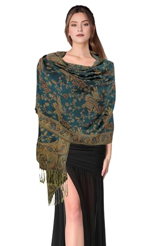 PASKMLNA Reversible Paisley Pashmina Shawl Wrap Elegant Colors (023-21Teal)