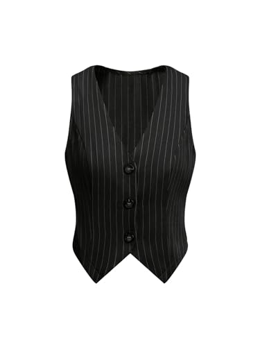 SOLY HUX Women's Striped V Neck Sleeveless Button Front Blazer Vest Waistcoat