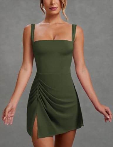 Image of Women's Sexy Sleeveless Square Neck Bodycon Ruched Split Party Club Mini Tank Short Dress