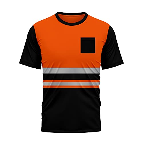 mymixtrendz Hi Vis High Visibility Security Work T Shirts Dri Fit Short Sleeves Safety Reflective Tape Round Crew Neck Breathable Workwear Tops Orange Black