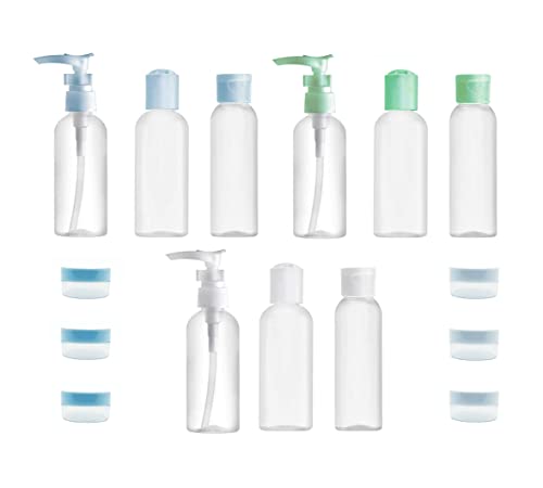 Botellas de viaje vacías de 100 ml – Kit de aseo para avión que contiene 9 botellas para gel de ducha, agua micelar, desmaquillante, champú + 6 tarros para cremas y cosmeticos faciales, manos y ojos