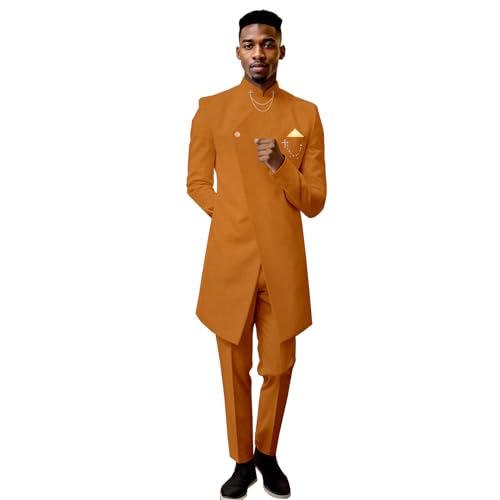 Men's Suit One Button Gold Chain Kerchief Blazer and Pants 2 Pieces Set Slim Fit African Suits