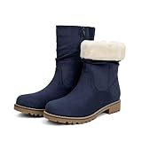 VJH confort Women's Mid Calf Boots Slouchy Riding Combat Low Heel Fur Lined Winter Zipper Booties(navy 8)