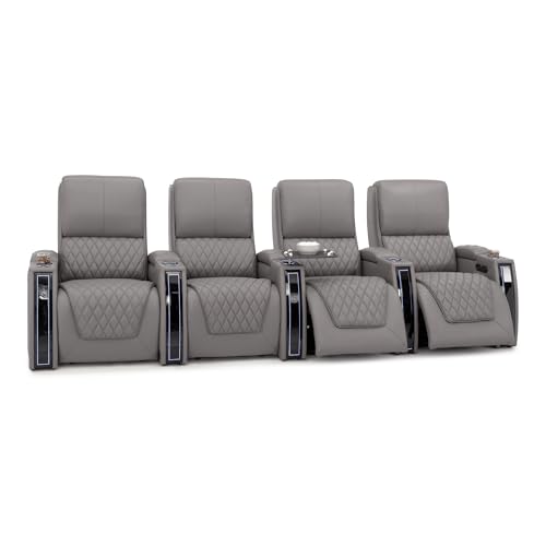 Image of Seatcraft Apex Gray Italian Leather Home Theater Seating, Zero Gravity Power Recliner, Powered Headrest and Lumbar Gaming and Home Office Chair, Lounge Sofa Furniture for Cinema Room, Row of 4