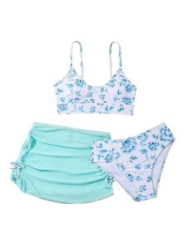 Image of COZYEASE Girls' 3 Piece Set Floral Print Bikini Swimsuit with Drawstring Beach Skirt Cute Ruched Bathing Suit