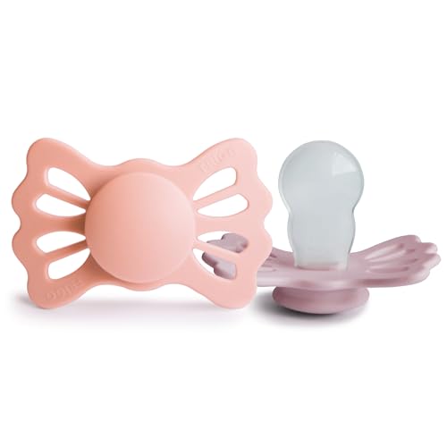 Image of FRIGG Lucky Symmetrical SilkySoft Silicone Baby Pacifier | Made in Denmark | BPA-Free (Pretty in Peach/Primrose, 6-18 Months)