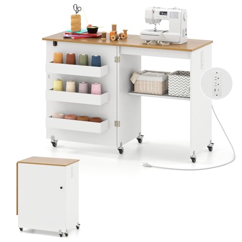 Giantex Folding Sewing Table with Charging Station, Rolling Craft Table with Storage Trays & Shelf, Foldable Sewing Machine Cabinet Desk with Lockable Wheels...