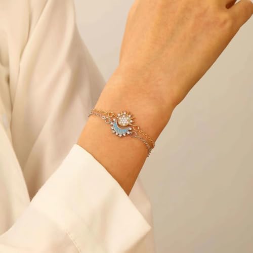 PINK TOWN Sun Moon Bracelet Set Stackable Bracelet for Women Men Sparkling Gold Sun Ring/Blue Moon Bracelet Couple Bracelet Matching Bracelet as Friendship Best Friend Jewelry for Women Men3