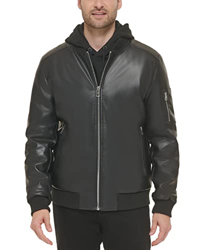 Calvin Klein Mens Faux Leather Bomber Jacket Black M