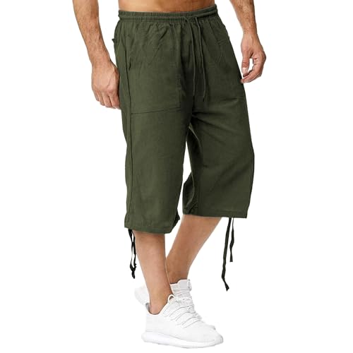 JEShifangjiusu Men's Baggy 3/4 Linen Capri Pants Summer Drawstring Short Below Knee Yoga Pants with Pockets
