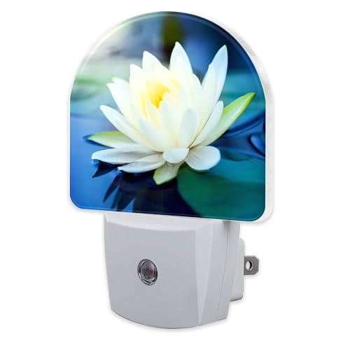 Image of White Lotus Flower Night Light Plug into Wall, Beautiful Lotus in Pond Dusk to Dawn Night Light Plug in,0.5w Energy Saving Sleep Friendly NightLight for Kids Boys Girls Home Decor