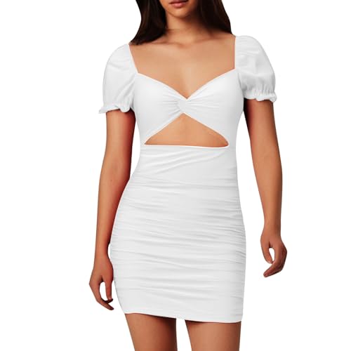 Women's Hollow Pleated Sleeve Hip Hugging Dress Plus Size Dress for Women Sexy (White, XS)