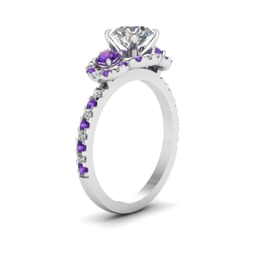 Image of 55Carat Choose Your Gemstone Delicate 3 Stone Halo Diamond CZ Ring Sterling Silver Round Shape Halo Engagement Rings Everyday Jewelry Wedding Jewelry Handmade Gifts for Wife US Size 4 to 12