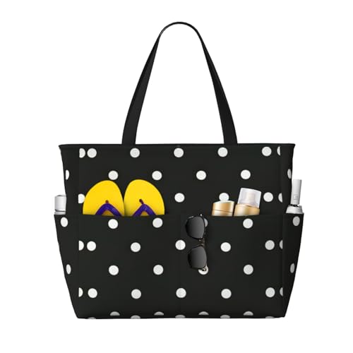 Bolsa de playa con lunares blancos y negros, bolsa de playa extragrande, plegable, para piscina de arena, para mujeres, vacaciones imprescindibles, Black, Talla única