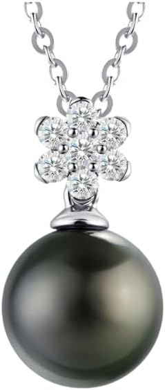 Lunar Belle Black Pearl Drop Pendant with Moissanite Flower Design, 925 Sterling Silver Jewelry, Wedding Gift for HerWoemn Girlfriend Birthday (Deep Sea Blossom)