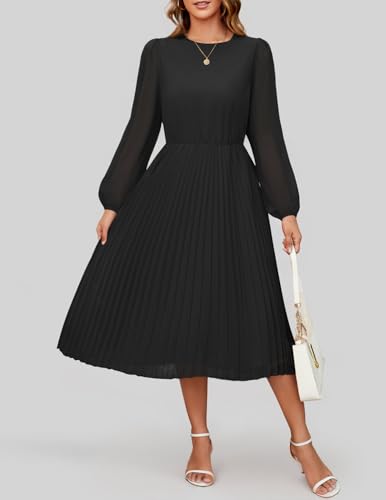 ZESICA Women's Fall Long Sleeve Dresses 2025 Casual Crewneck Chiffon Swing Pleated A Line Cocktail Party Midi Dress4