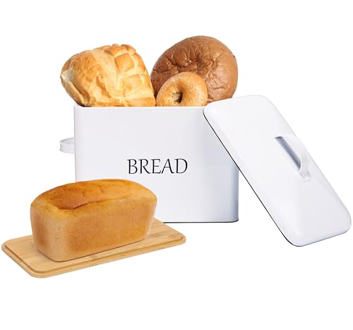 Meraki Home Bread Box with Two Lids | Metal Lid and Bamboo Cutting Board Lid | Cotton Bread Bag | Farmhouse Bread Storage for Kitchen Countertop | Perfect for Homemade Bread
