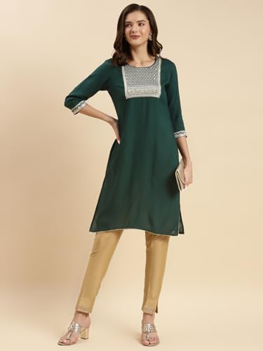 Image of rangita Green Rayon Knee Length Embroidered Straight Kurti for Women | Kurta for Women