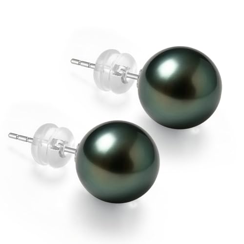 18K Solid White Gold Genuine Tahitian Black Pearl Stud Earrings for Women AAAA 8-9mm Seawater Pearls - Christmas Gift for Wife Mom Daughter Grandma Women Jewelry for Wedding Anniversary Birthday