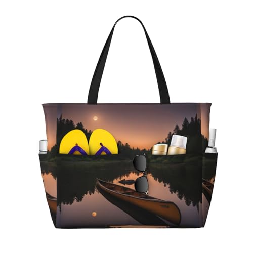Grand sac fourre-tout d'été noir Moonlit Canoe 45x38x17 cm pour voyage