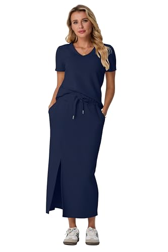 Image of GRECERELLE Women Summer Casual 2 Piece Sets V-Neck Wrinkle-Free Top & Elastic Waist Midi Side Slit Skirt with Pockets