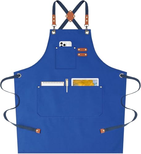 AFUN Chef Aprons for Women Men with Oversized Pockets 12-Ounce Cotton Canvas Cross Back Water Repellent Apron (Royal Blue)