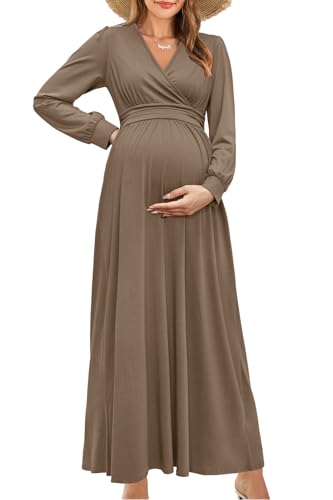 OUGES Fall Maternity Maxi Dresses Long Sleeve Wrap V Neck Baby Shower Dress Maternity Clothes...