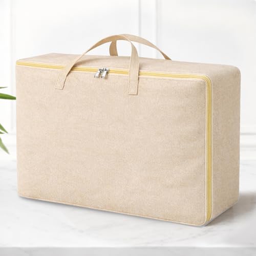 Image of SITTELLA Large Foldable Storage Bags, 96 L, 2 Pack, Beige | Fabric Storage Organizer Box, Zip Closure, Blanket & Quilt Storage, Space Saving Container