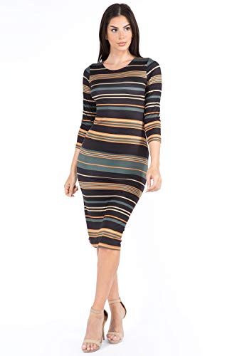 Image of ICONOFLASH Women's 3 /4 Sleeves Midi Bodycon Dress Crew Neck Fitted Dresses with Plus Size Options