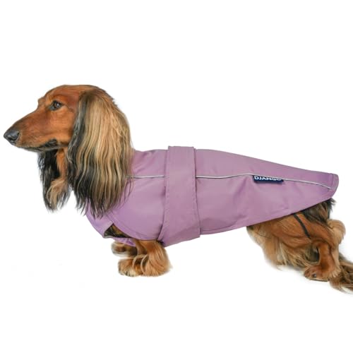 DJANGO City Slicker Waterproof Dog Raincoat and Lightweight Jacket for Long Dogs - Full Coverage Puppy Coat and Reflective Rain Slicker and Windbreaker - Adjustable with Harness Hole (Purple, Medium)