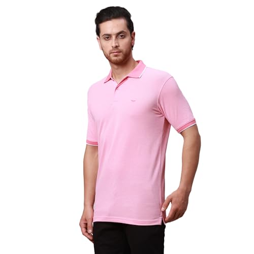 Image of Park Avenue Men's Cotton Polyester Blend Stripe Pattern Slim Fit Rib Collar Polo Neck Half Sleeve Casual T-Shirt