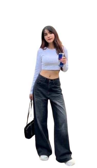 Image of Women's High Waist Baggy Wide Leg Jeans for Women - Loose Fit Washed Black Denim Pants with Straight Palazzo Style, Relaxed Streetwear Korean Trousers