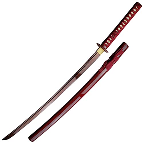 Musha Hand Forged Katana/Samurai Sword - Damascus Steel Blade Titianium Coating Blade - Razor Sharp, Full Tang, Fully Functional, Battle Ready (Red)