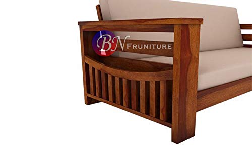 Image of BN Furniture Solid Sheesham Wood Sofa Set 6,5,3 & 2 Seater | Wooden Sofa Set with cushioned back for Living Room Stylish, Durable & comfortable for Home, Office, Hall & Guest Room (style 37, 3 seater)