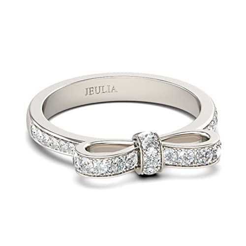 Jeulia Bowknot Sterling Silver Ring: Engagement Wedding Rings Bands with Cubic Zirconia for Women Jewelry Gift Box (P-½, Silver)