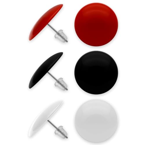 Soul-Cats - Juego de 3 pendientes redondos en negro, rojo y blanco, de acrílico y acero inoxidable, Ø 20 mm