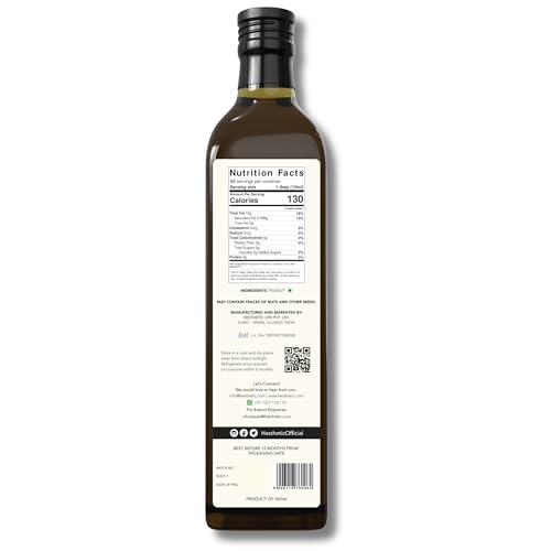 Image of HESTHETIC Premium Edible Cold Pressed Peanut Oil, 750ML, 100% Pure and Natural Food Grade Groundnut Virgin Oil, Rich in Healthy Fats, Ideal for Cooking, Frying, and Salad Dressings, Glass Bottle