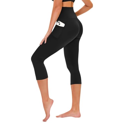 TNNZEET Capri Leggings for Women - Tummy Control Black Leggings with Pockets High Waisted Yoga Pants Workout Cycling Leggings