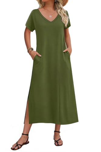 Image of Zeagoo Women Summer Floral Dress Short Sleeve Beach Dress with Pockets Casual V-Neck Split Long T-Shirt Dress Travel Vacation