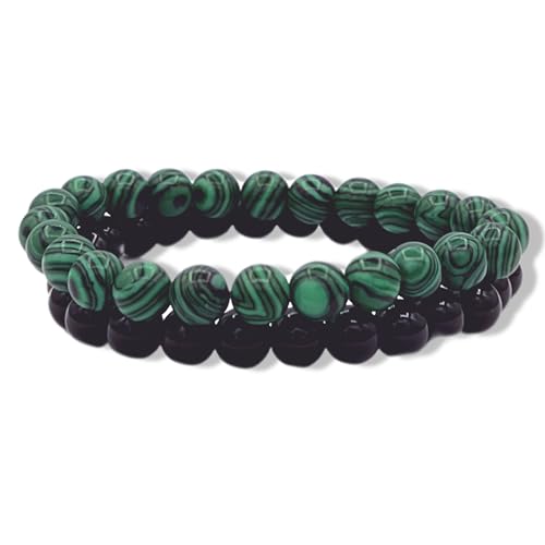 napoolo ● 2 Pulseras de Piedra Natural Malaquita Verde & Obsidiana Negra 8mm ● Bolsita de Regalo Incluida ● Regalo de Cumpleaños ● Estilo Elegante ● Protección Energética ● Perla