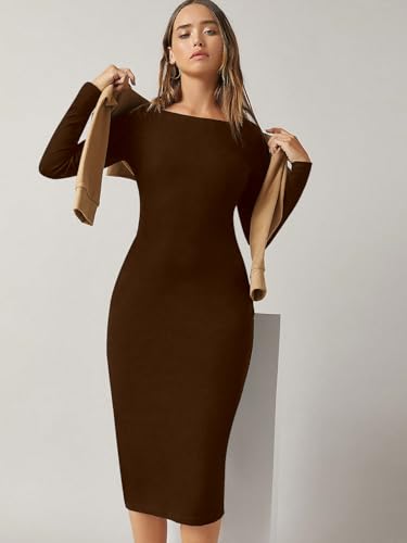 Image of Aahwan Orange Solid Round Neck Solid Bodycon Midi Dress for Women's & Girl's
