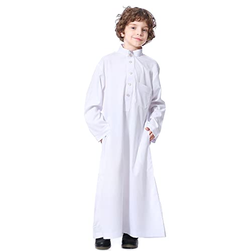 IMEKIS Muslim Thobe for Boys Middle East Arabian Robes Kaftan Dress Abaya Saudi Arabia Islamic Clothing Dubai Outfit Prayer Clothes Ramadan Eid Wedding Kids Islamic Clothes White Button 5-6X